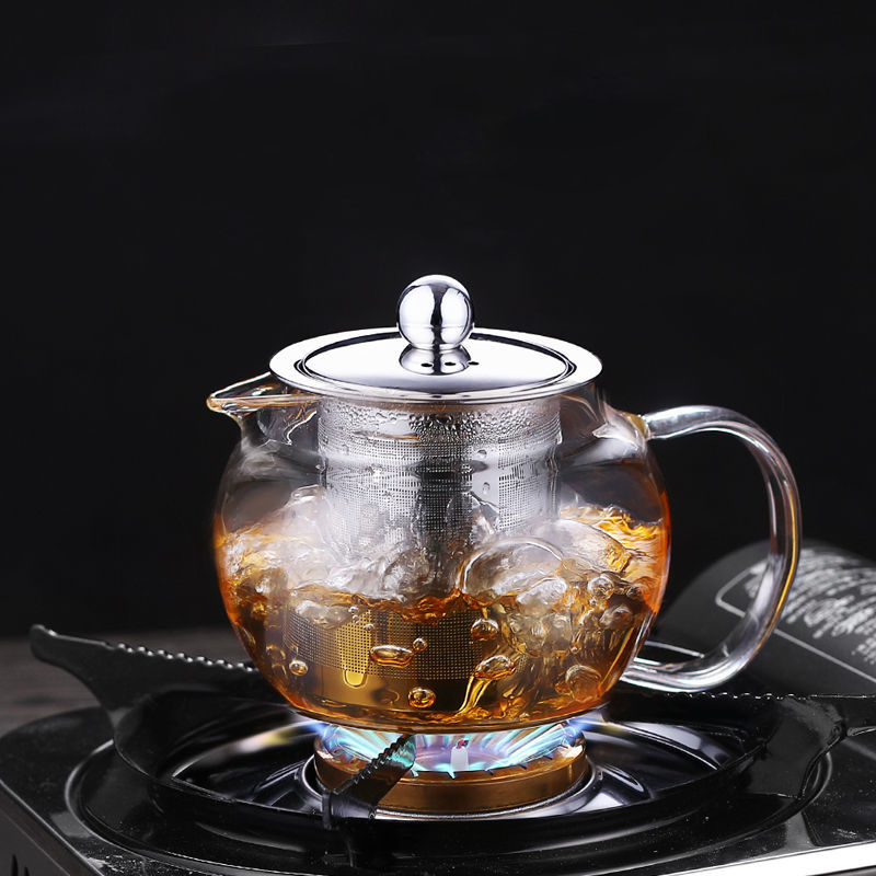 Handmade Clear Glass Round Teapot Set with Ss Filter