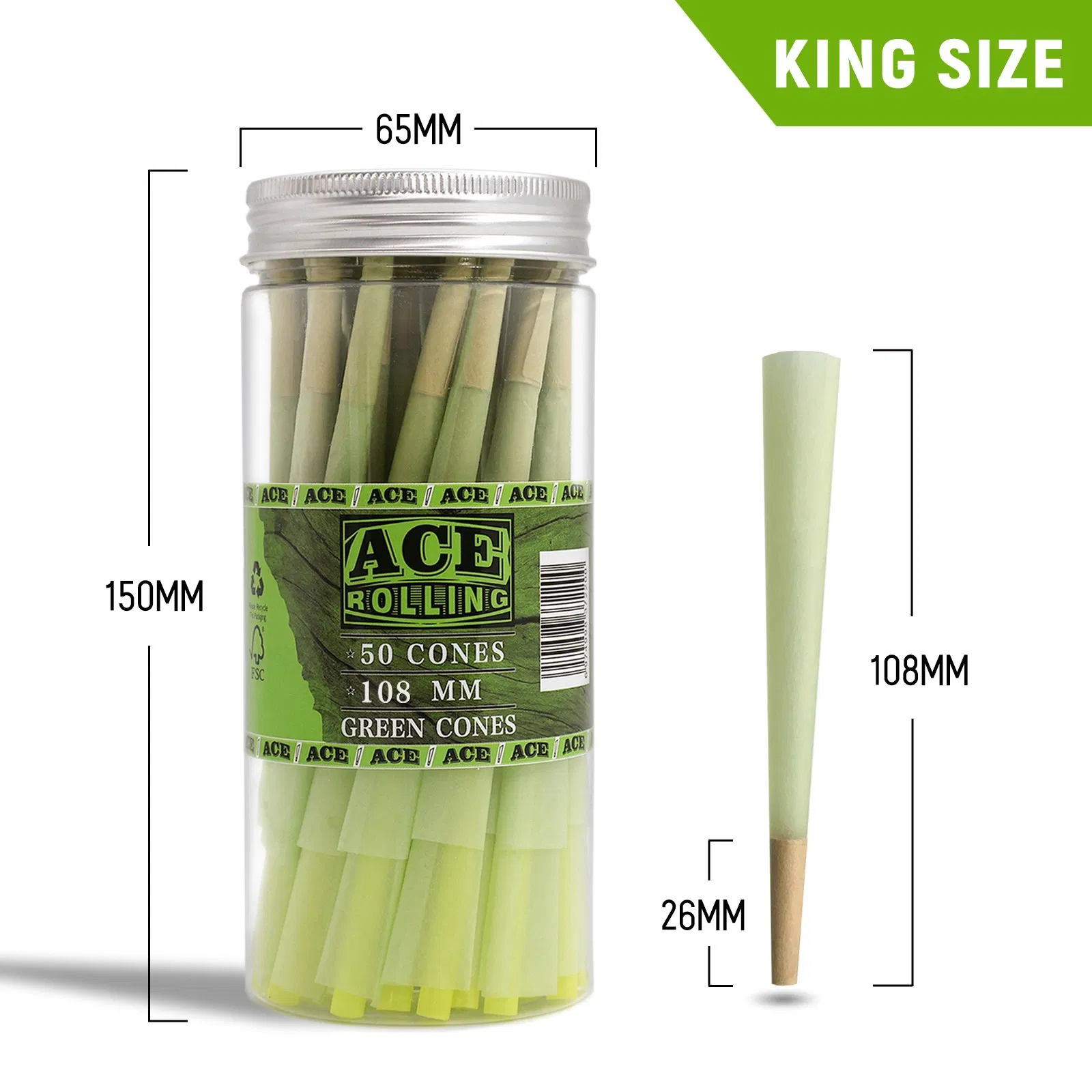 Green Kingsize Pre Rolled Cones 100 Pack Colors Slow Burning Rolling Paper