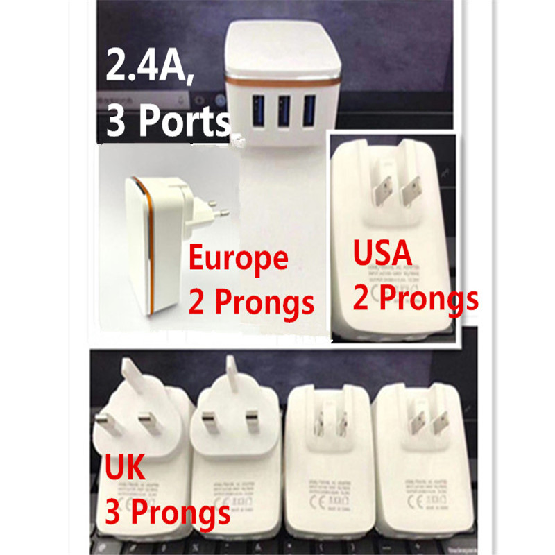 2.4A 3 Ports Fast Quick Charge USB Hub Wall Charger Power Adapter USA Europe 2 Prongs UK 3 Prongs