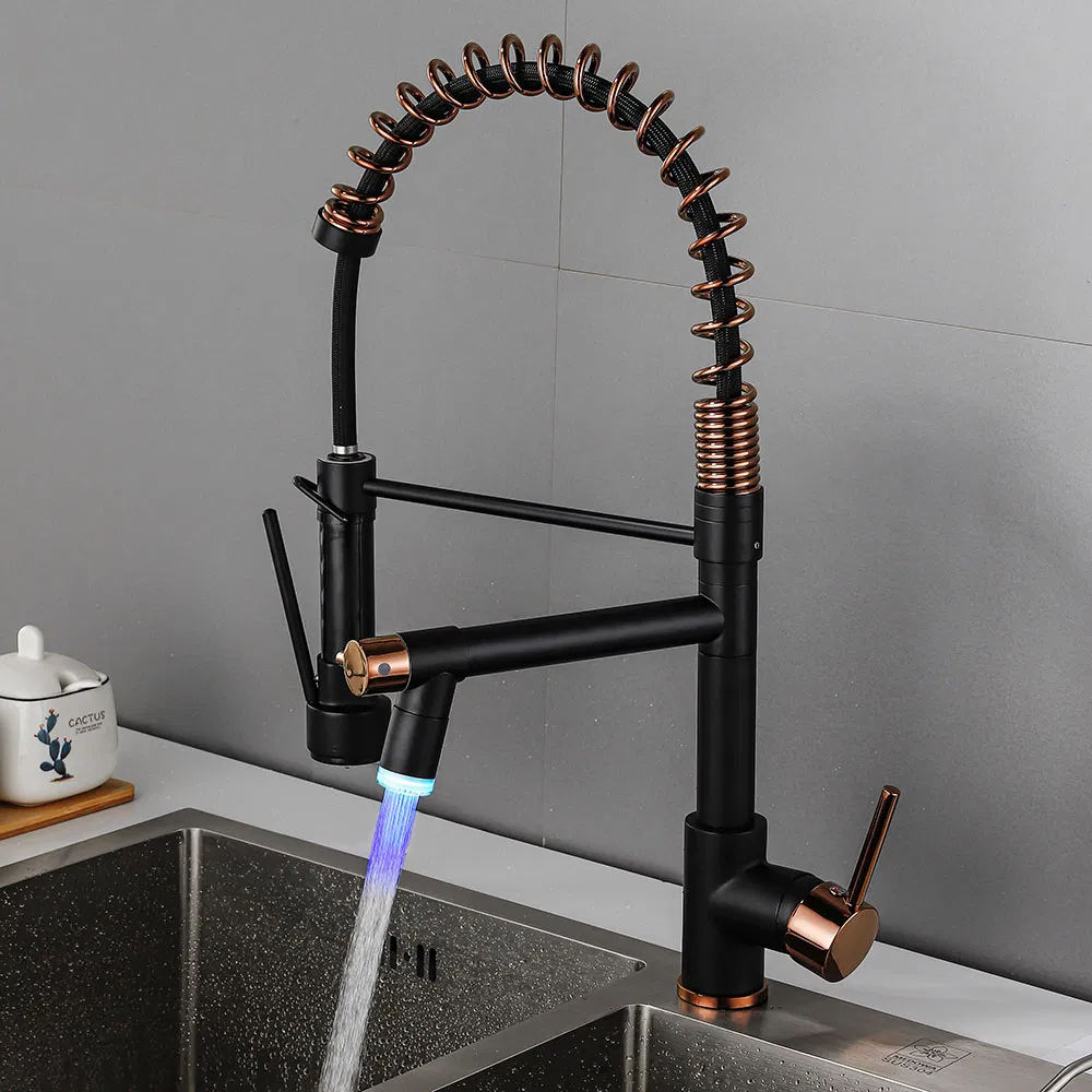 Luxury Hot Cold Water Tap Sink Mixer Faucet LED Pull out Retractable Spring Commercial Kitchen Sink Faucet