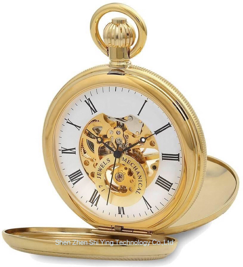 48mm Gold Plated Skeleton Dual Open Pocket Watches with Mechanical Movement