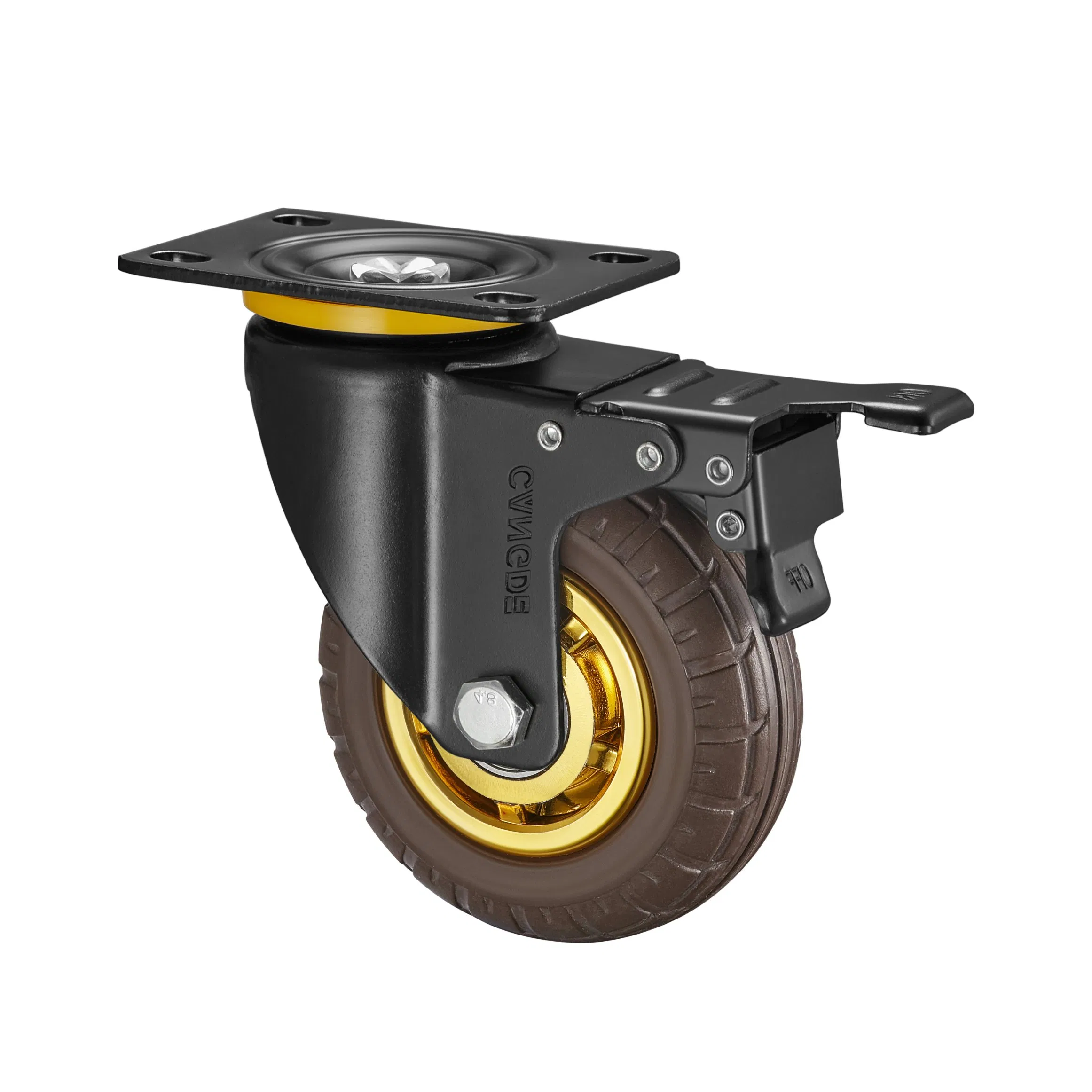 Medium Duty Threaded Stem Swivel Caster with Brake, Brown Rubber Wheel 63-125mm, Noise Reduction Design