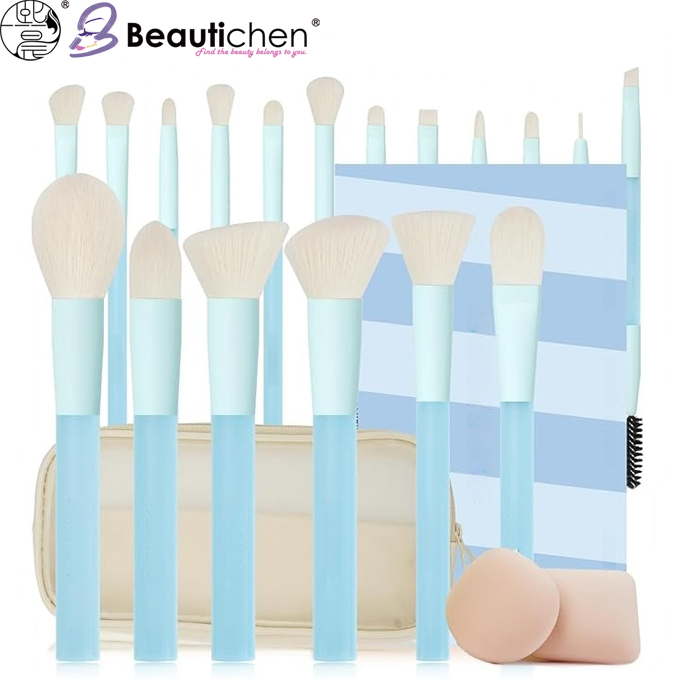 Beautichen 12-Piece Glacier Blue Professional Makeup Brush Set with Magnetic Storage Bag and Beauty Sponges - Soft Blue Handles & White Bristles