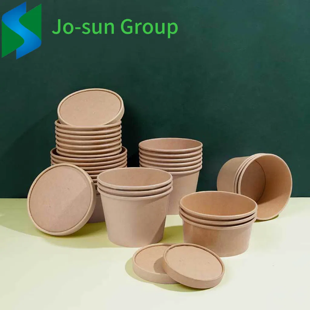 Jo-Sun Brown with Lid Round Disposable Rice Food Container Kraft Paper Noodle Bowl for Take out