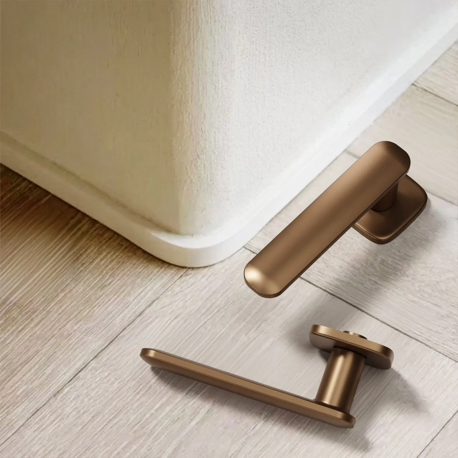 Chinese Factory Luxury Satin Flat Design Tea-Gold Brushed Zinc Alloy Lever Door Handle on Square Rosette for Interior Wooden Door Handle OEM/ODM