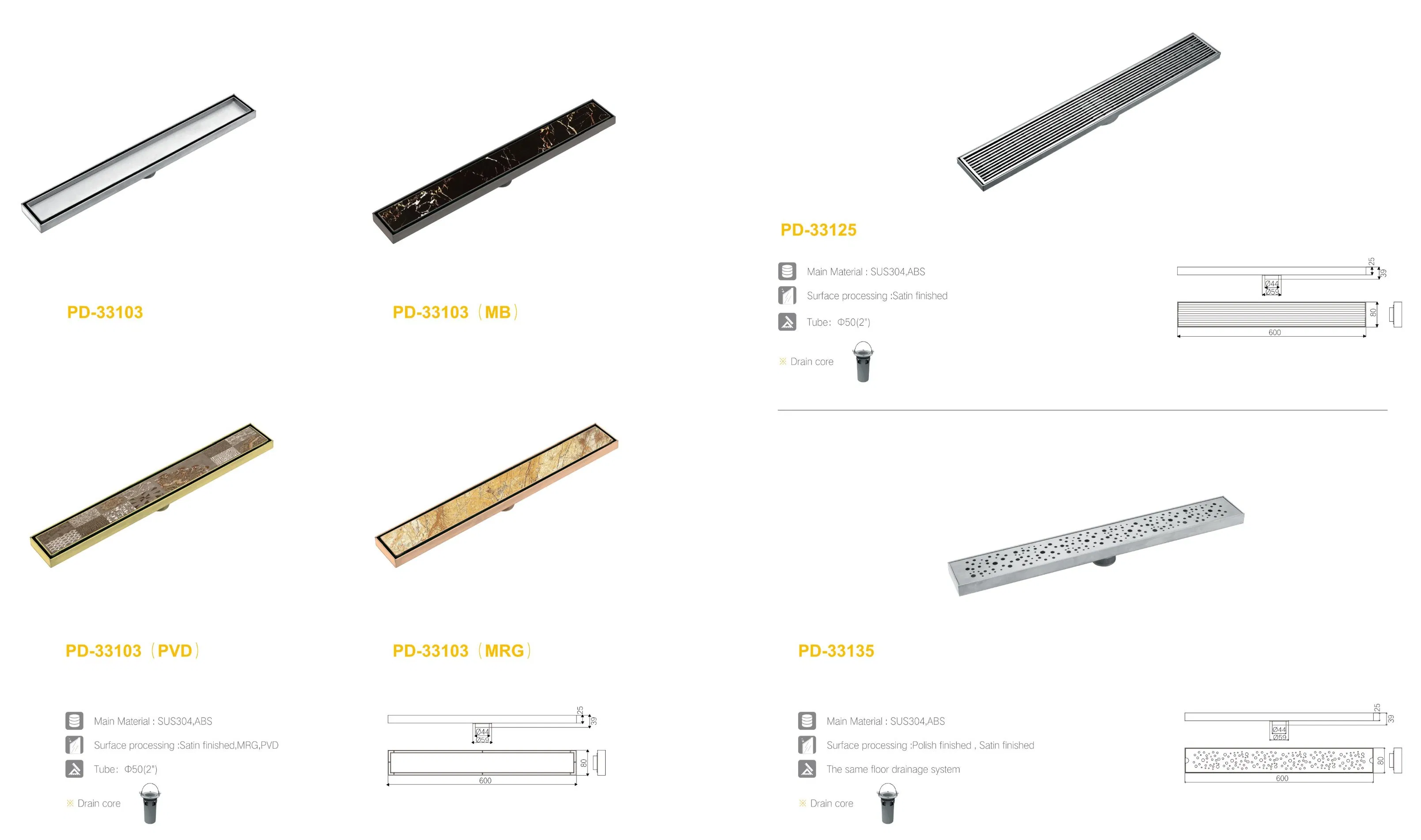 Длинный напольный трап из нержавеющей стали для ванной