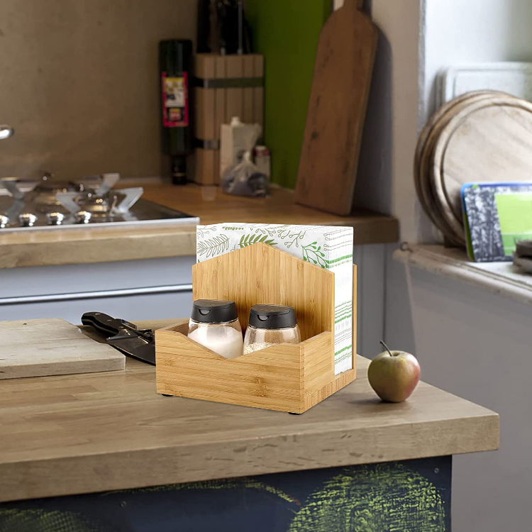 Kitchen Desktop Napkin Rack Bamboo and Wood Freestanding Salt and Pepper Storage Rack Multifunctional Wooden Napkin Rack
