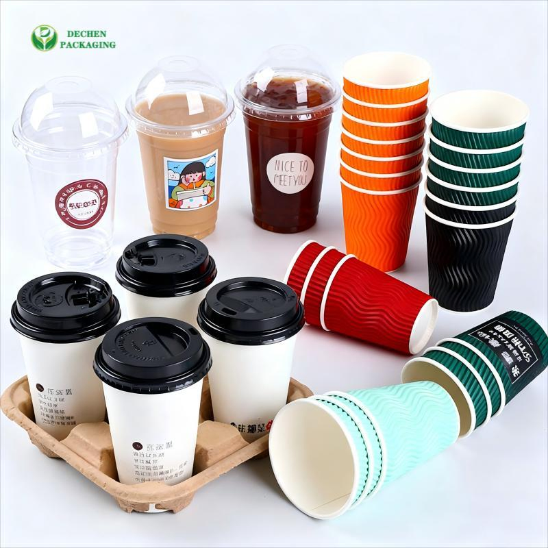Custom Paper Cup Coffee Cups Wholesale Disposable Single Double Ripple Wall Mug Beverage Bubble Boba Milk Tea for Hot Cold Drinks with Lids 4 8 12 16 Oz