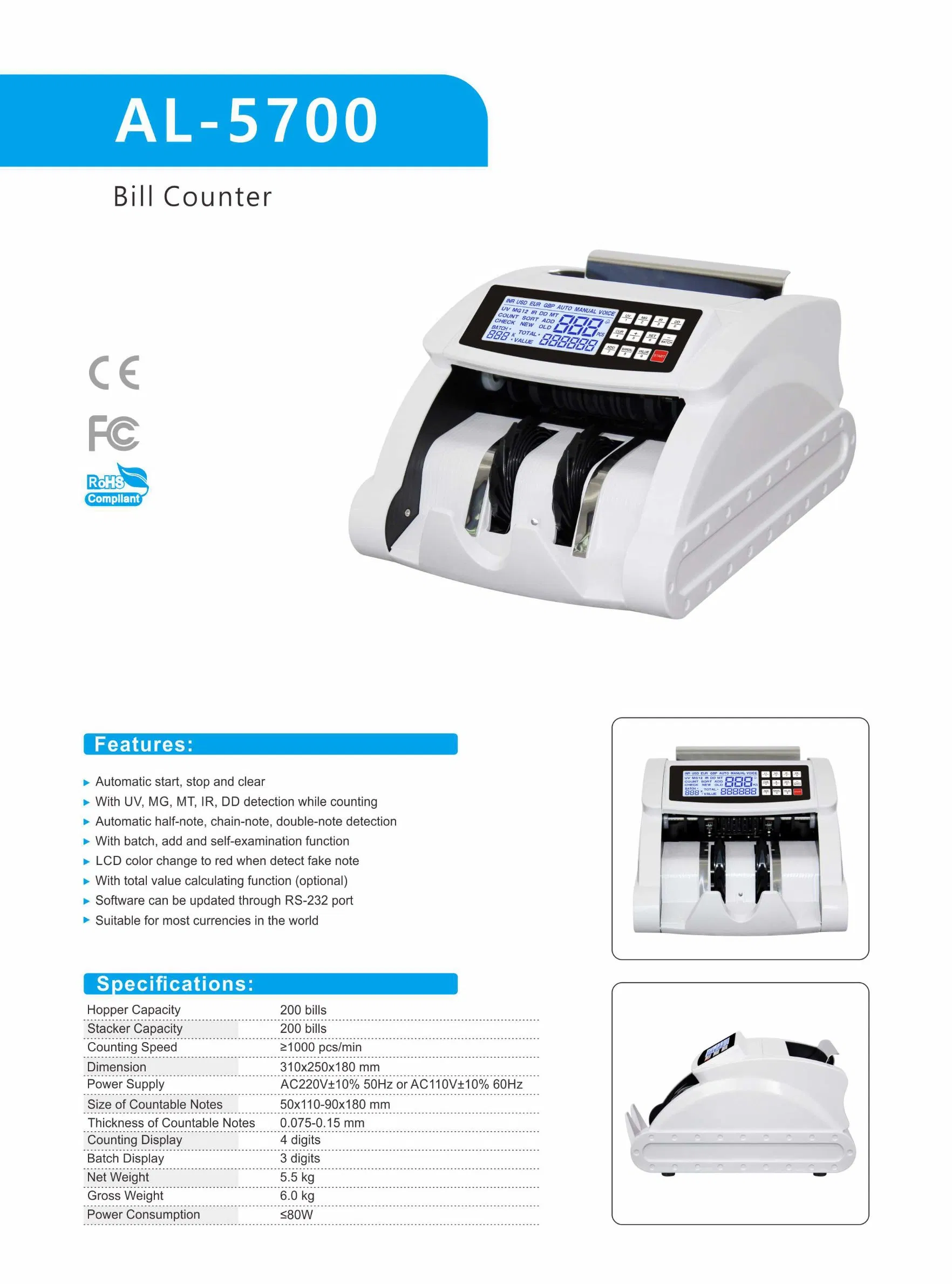 Al-5700 Money Piece Counting Machine Bill Counter to Get Money Currency Detector