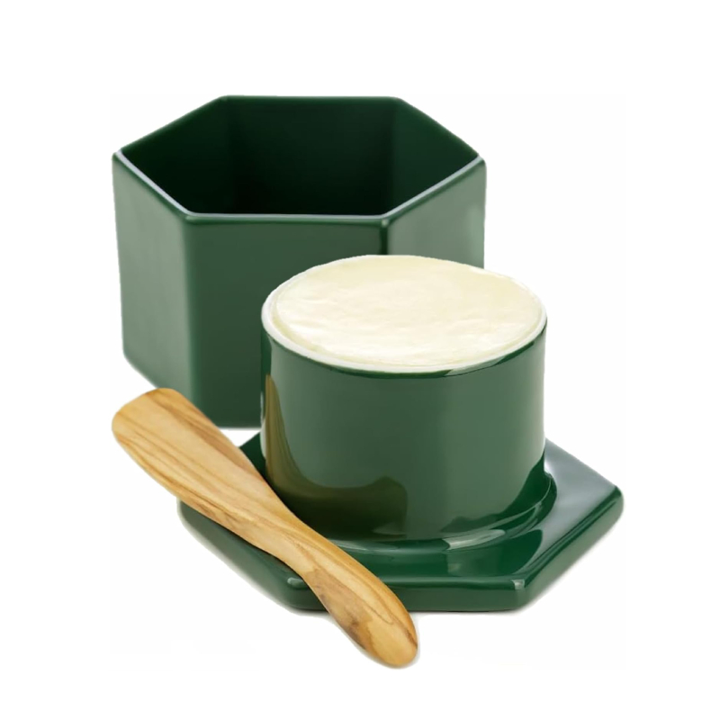 French Butter Crock & Wood Spreading Knife French Butter Keeper for Counter