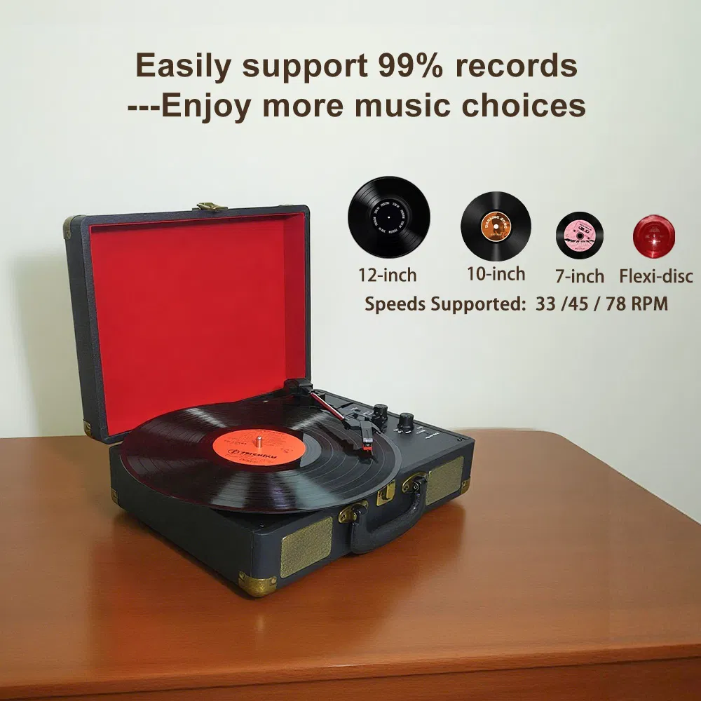 Luxury Leather Suitcase Hi-Fi Stereo Bluetooth 5.0+ Wireless Speaker Turntable Player Phonograph Vinyl Record Player