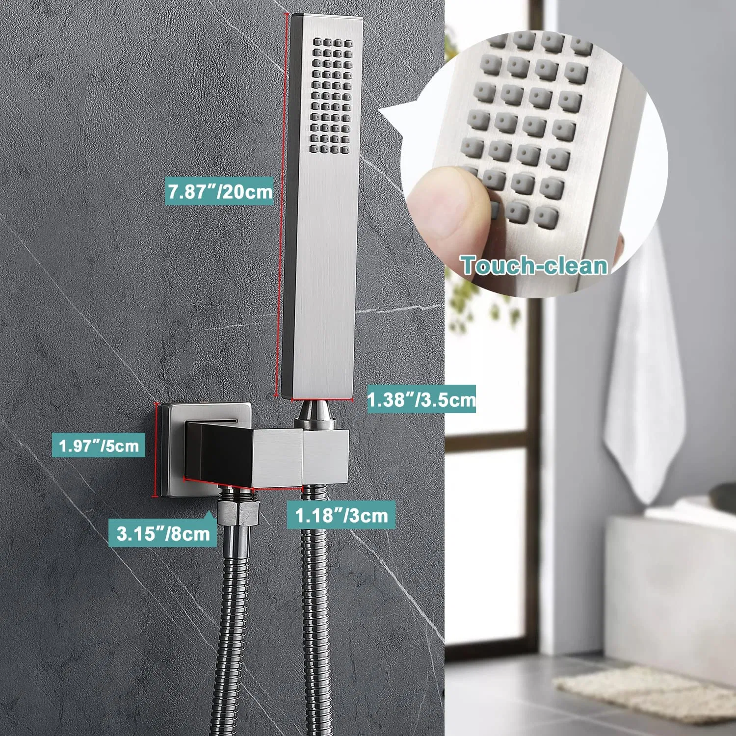 Solid Brass High Pressure Hand Held Shower Wand Square Head with Adjustable Supply Elbow Wall Connector Shower Holder and Hose Set, Brushed Nickel