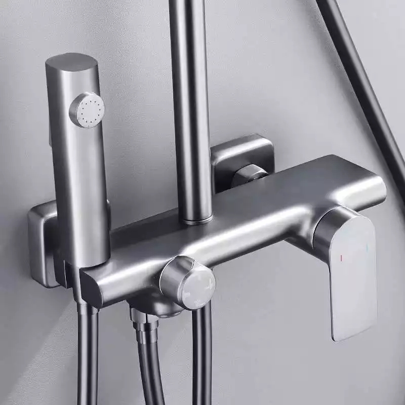 Hotel Bathroom Luxury Gun Gray Copper Four Function Rain Shower Set Brass Bath Shower Mixer Set with Spray Gun