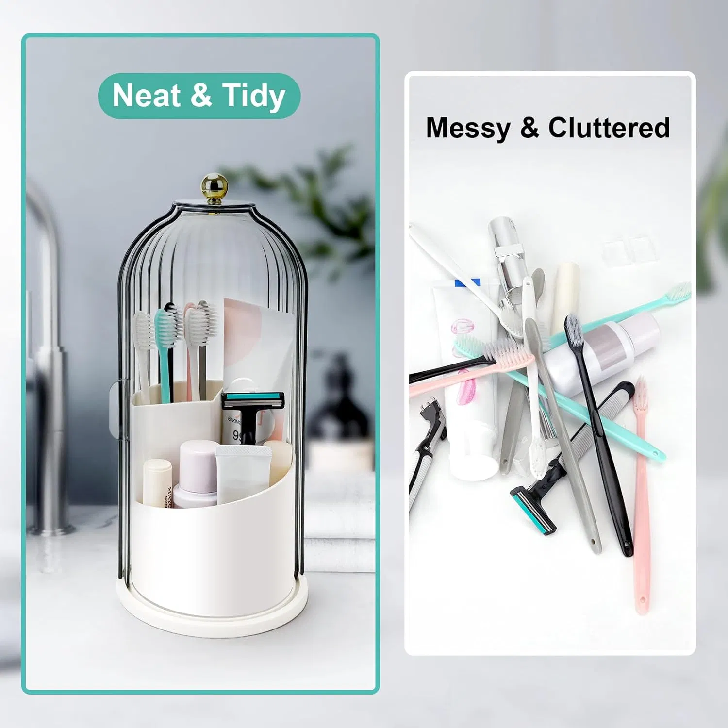 Elegant Birdcage Shaped Plastic Clear Cosmetics Toothbrush Holder with Sliding Lid
