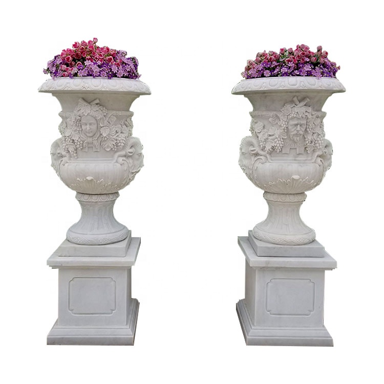 Кашпо садовое мраморное белое резное