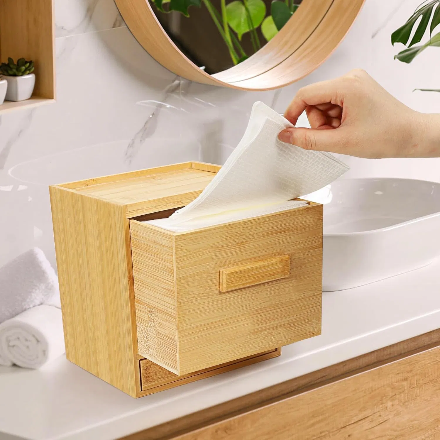 Bamboo Modern Minimalist Drawer Style Desktop Wash Towel Hair Accessory Storage Box