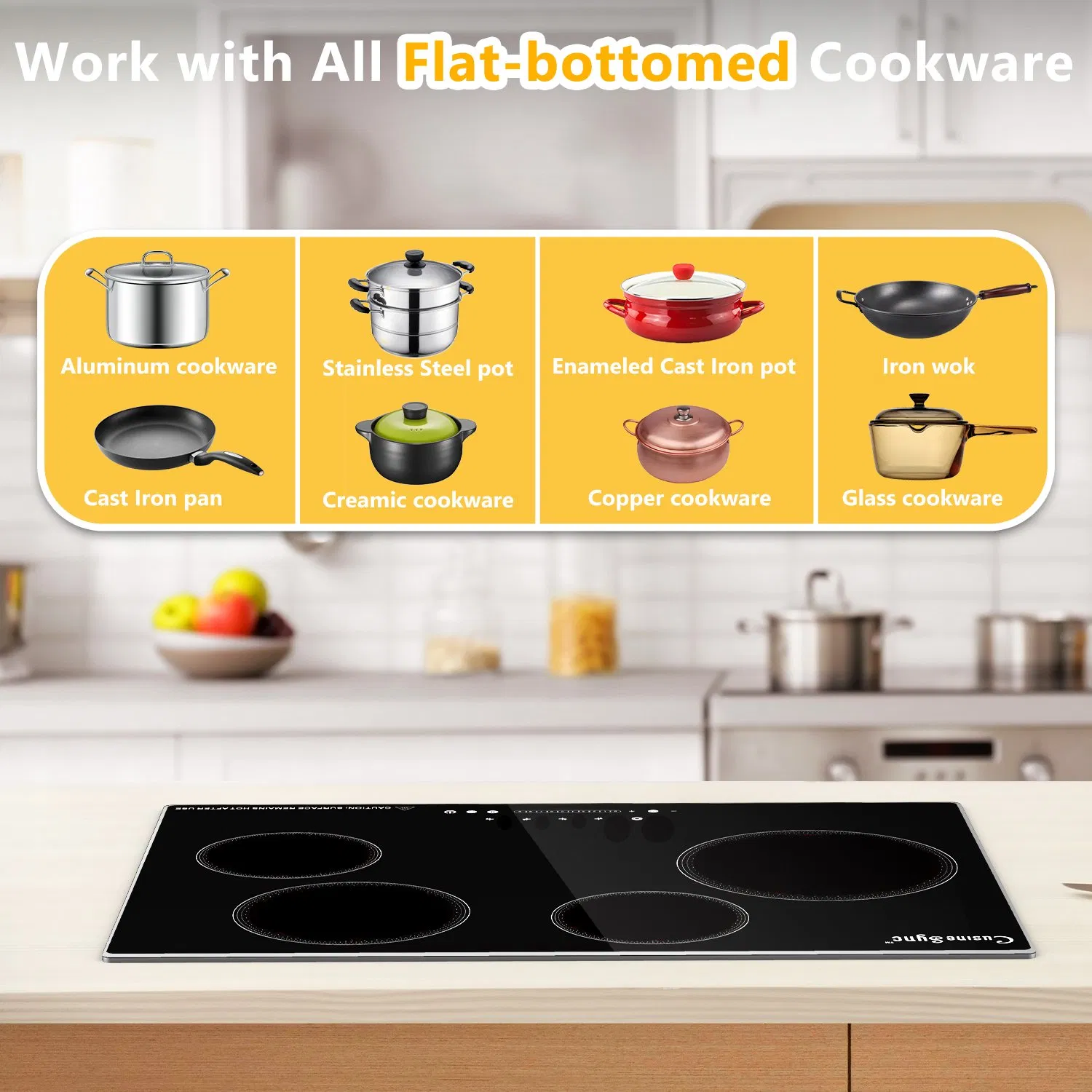 30 Inch Built-in Radiant Electric Cooktop, 4 Burner Smoothtop Stove Top with Expandable Dual Zone, 7200W 240V Hardwired Touch Control, 9 Power Levels, Timer