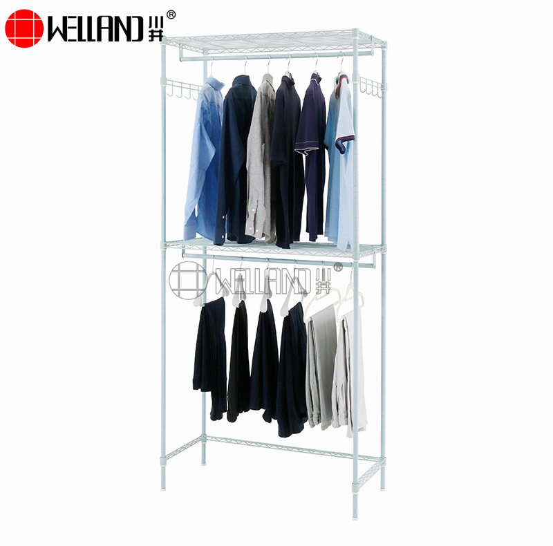 Vertical Epoxy Coated Color 2 Shelves Metal Storage DIY Garment Rack with 2 Clothes Hanger