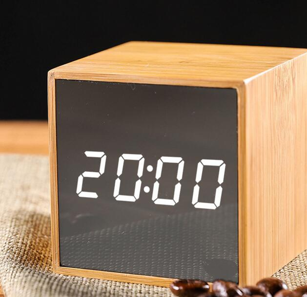 Table Desk Electronic LED Digital Bamboo Alarm Clock with Temperature