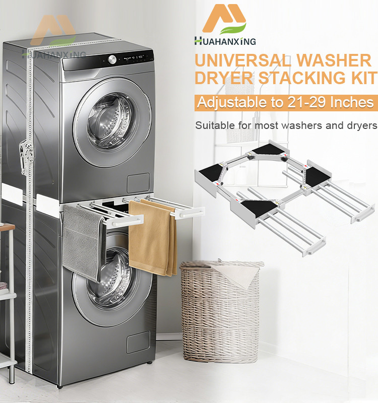 Ventilated Washing Machine and Dryer Connecting Frame with Center Rack for Air Drying