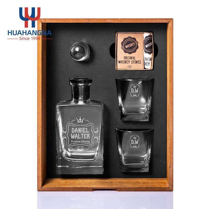 Custom Engraved Personalised Whiskey Decanter Set with Whisky Chilling Stones and Rock Glasses in Wooden Storage Box
