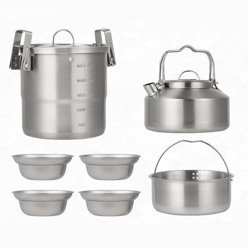 Camping Cookware Mess Kit 7PCS 304 Stainless Steel Portable Outdoor Cooking Set