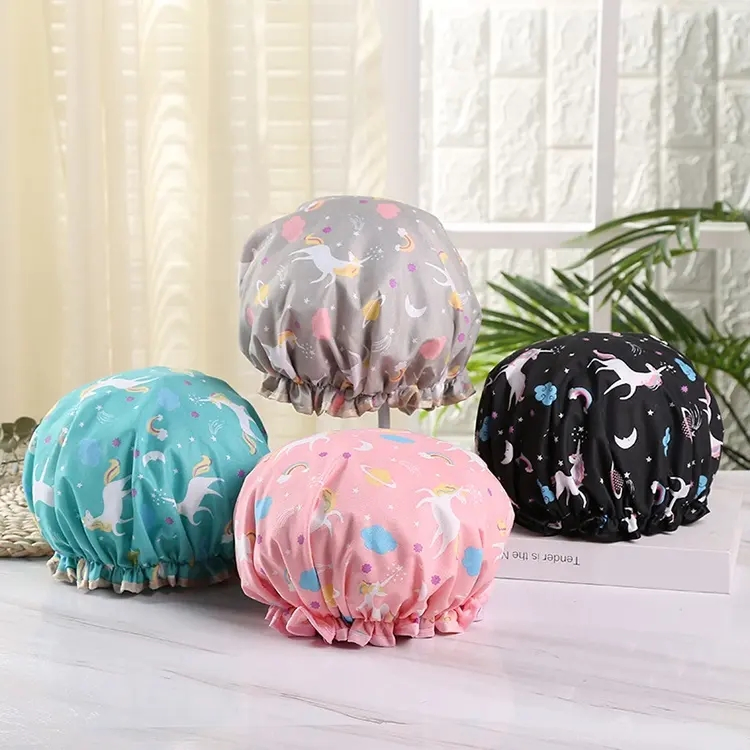 Customized Shower Cap Waterproof 2 Layer Reusable Bath Shower Cap