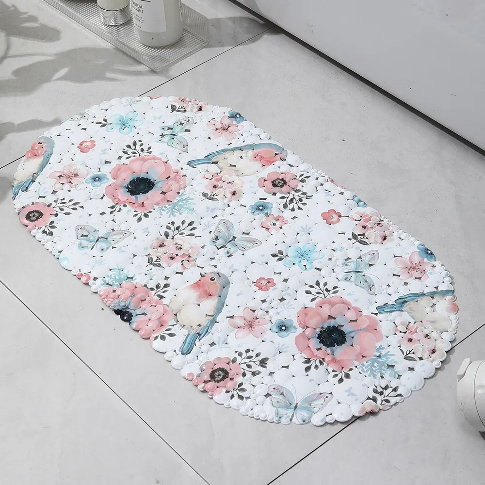 Flowers and Birds Anti-Slip Suction Bathroom Mat Customized Pattern Waterproof Bath Mat