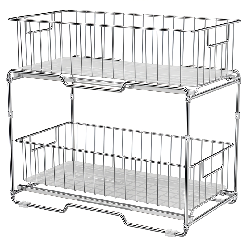 Kitchen Storage Cabinet Organizer Sink Rack with Push Pull Metal Wire Shelf