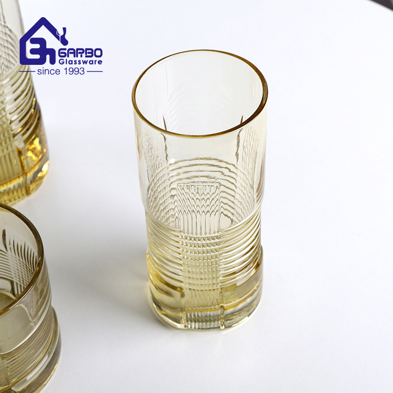 Amber Color Handmade Picture with Tumbler Engraved Design Glass Water Jug Set