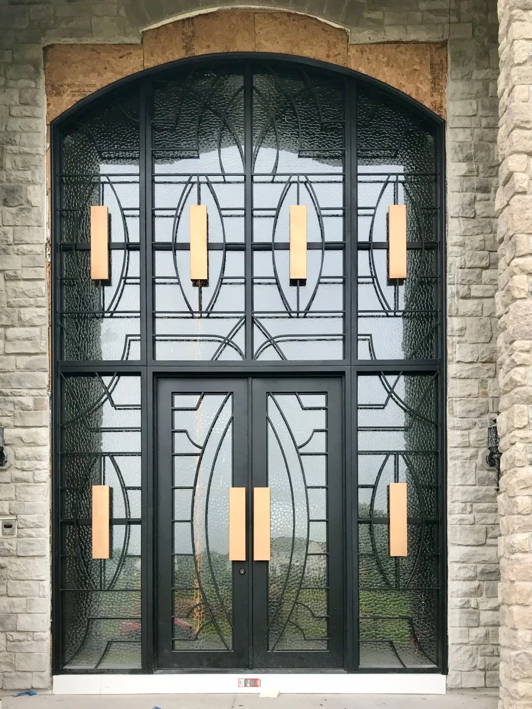 Custom New Design Arch Double Metal Entrance Wrought Iron Door with Transom