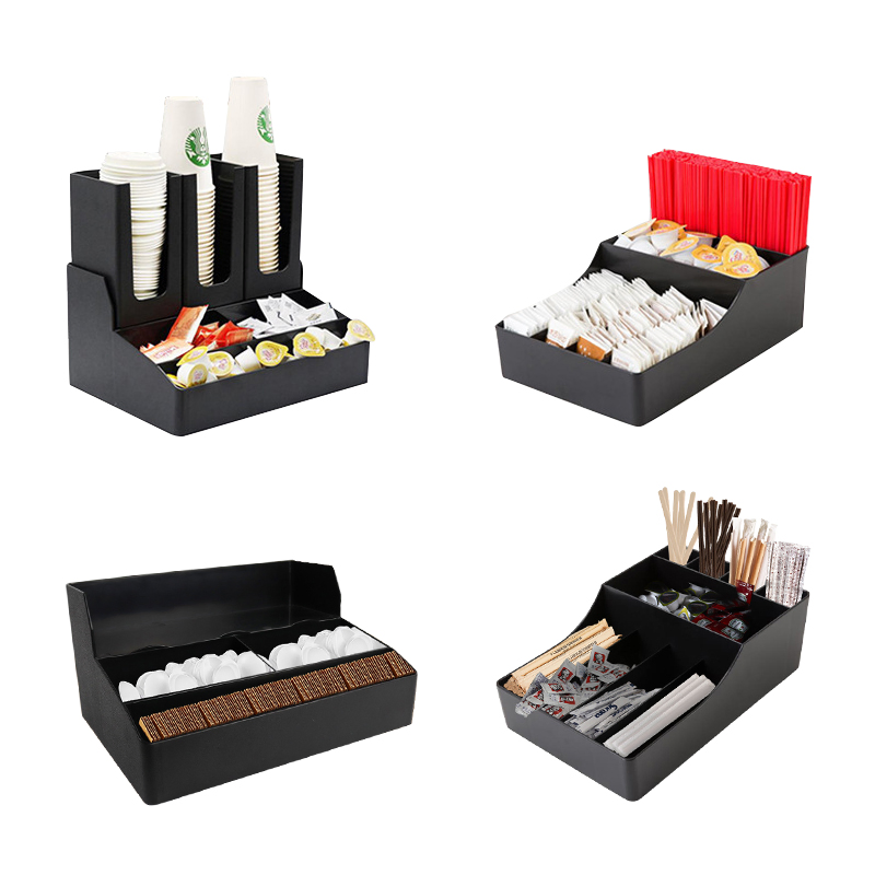 Coffee Cup Dispenser and Lid Holder with Straw and Condiment Pockets