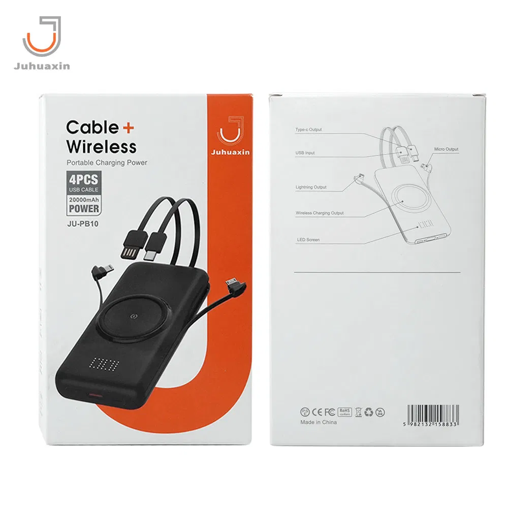 Juhuaxin Cuatomised Mobile Phone Accessories Big Capacity High Quality 20000 mAh Support Fast Charge 4 Cables Power Bank with Wireless Charger