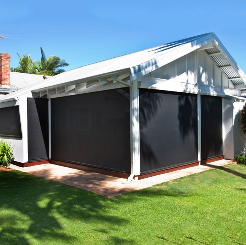 Aluminum Roof Pergola Curtain Outdoor Blackout Motorized Zip Track Zipper Roller Blinds