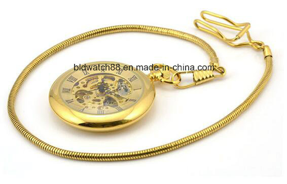 Custom Logo Gold Skeleton Mechanical Gift Pocket Watch with Chain (42mm)