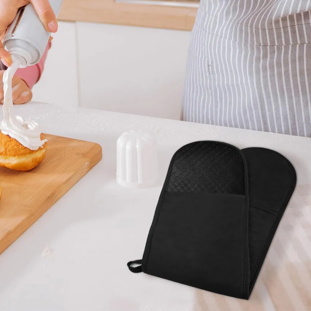 Esun Silicone Non-Slip Design Black Double Oven Mitts with Ropes for Cooking Baking