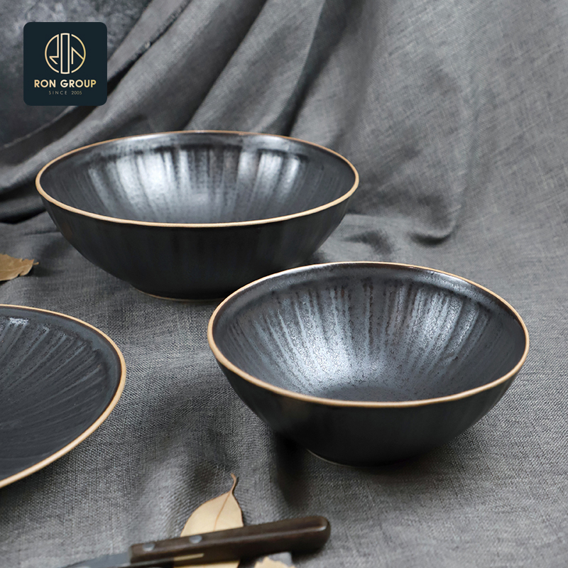Wholesales Black Durable Heat-Resistant 6/8 Inch Round Ceramic Salad Sauce Soup Bowl for Catering Dinnerware Tableware