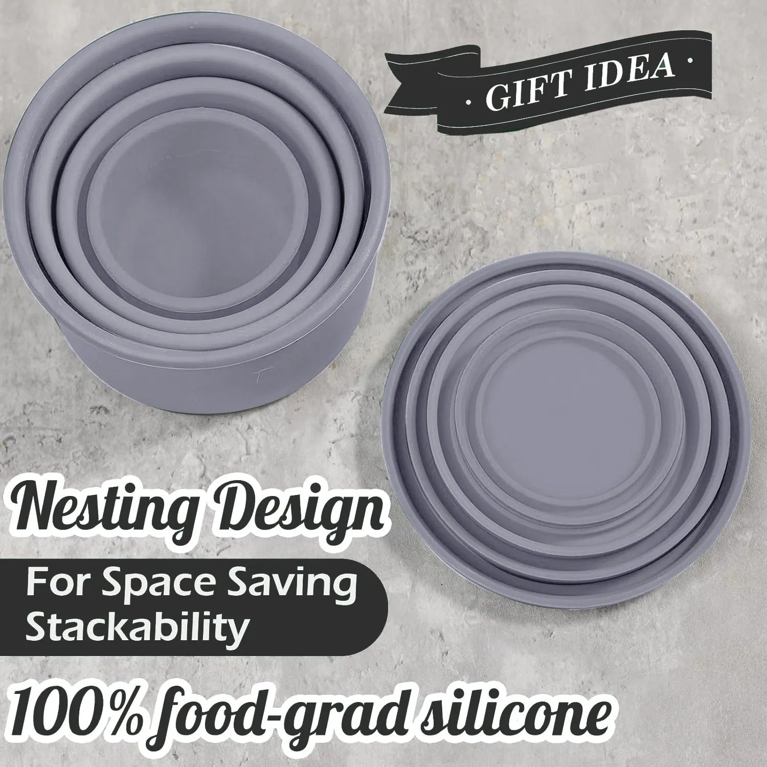 Modern Gray Bento Box Set: Round, Collapsible Silicone Lunch Containers in 3 Sizes - Leak-Proof & Dishwasher Safe