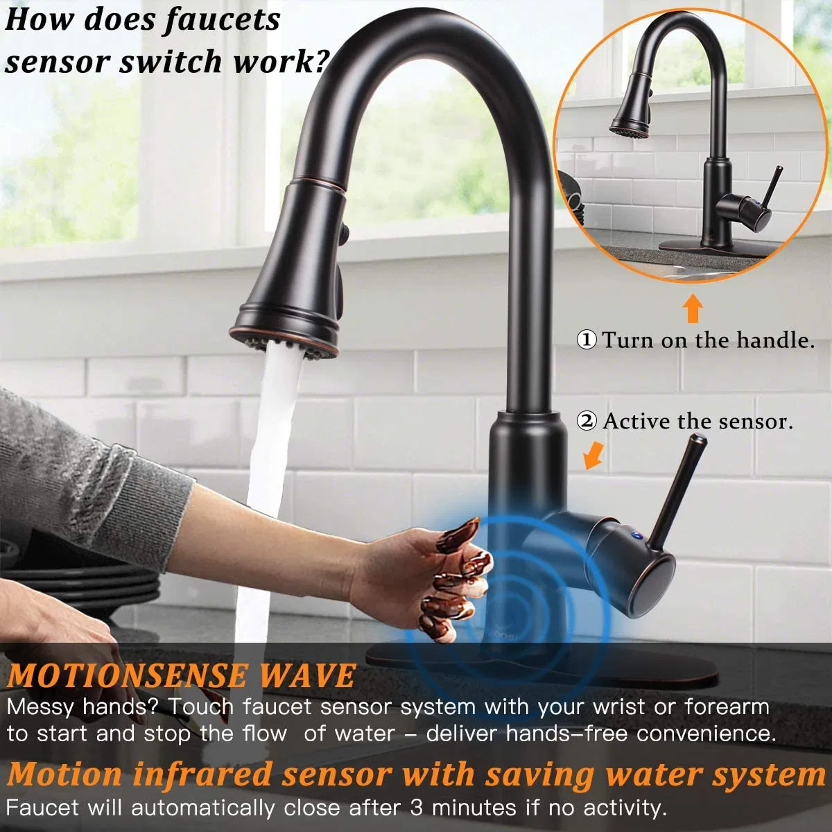Lead-Free Infrared Sensor Automatic Touchless Rotatable Kitchen Sink Mixer Kitchen Faucet Kitchen Tap with Single Handle, Pull out Pull Down Sprayer in Orb