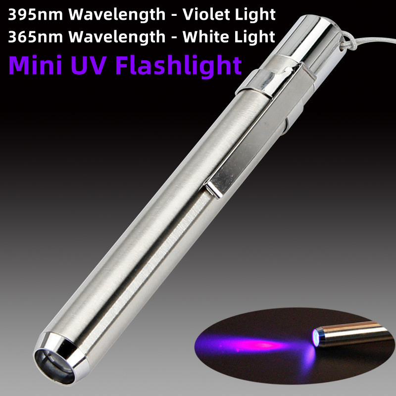 Stainless Steel Mini Pocket Lamp LED 365/395 UV Flashlight Torch Ultraviolet Black Light for Marker Checker Detection