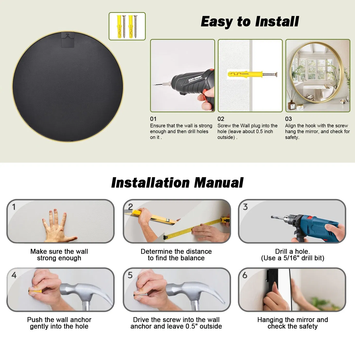 Ortonbath Round Mirror for Wall, Metal Frame Vanity Circle Mirrors Wall Mounted Matte Home Decor Mirror for Bedroom Living Room