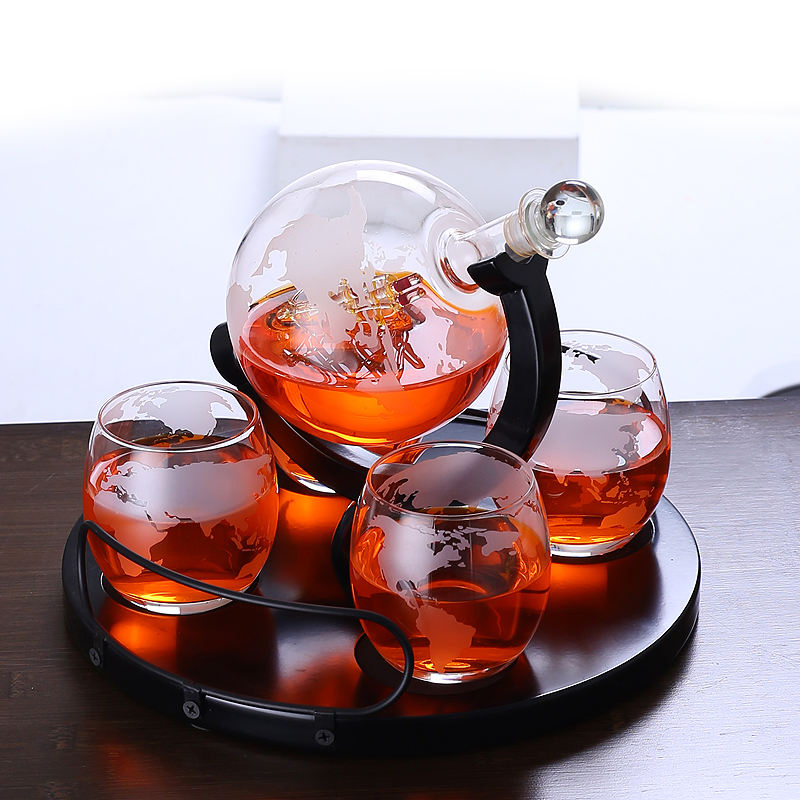 1000ml High Borosilicate Creative Globe Sherry Wine Gun Whiskey Liquer Glass Decanter Set with Glasses