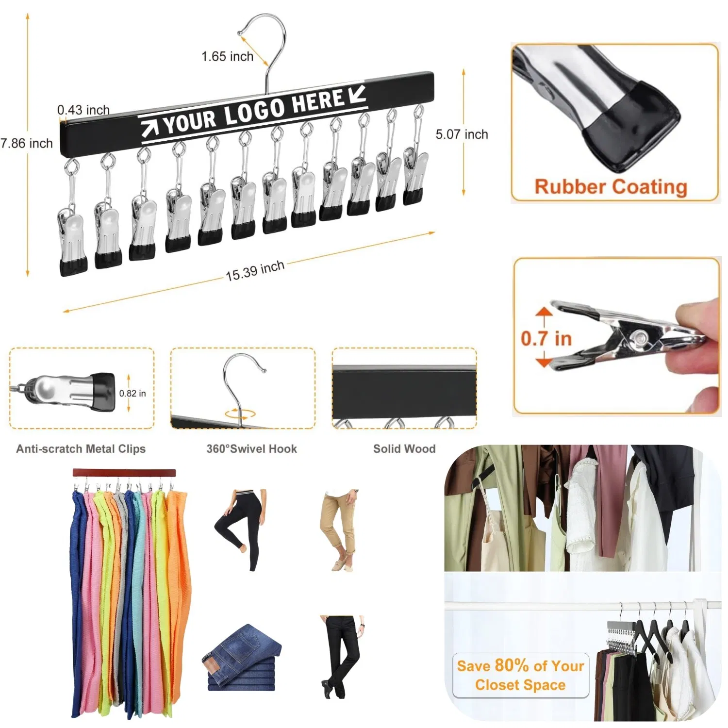 Legging Organizer for Closet Wooden Hangers with 12 Metal Clips