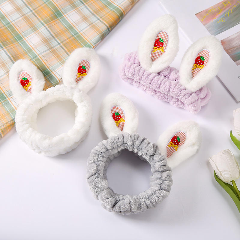 Women Fashion Soft Flannel Bunny Ear Cosmetic Shower Elastic Headband