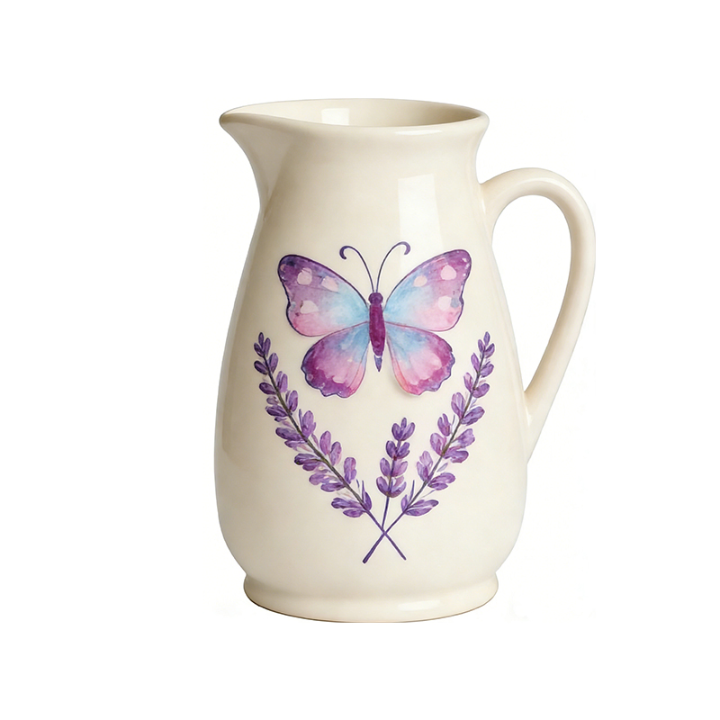 Ceramic Water Pitcher with Hand-Painted Butterfly & Floral Design