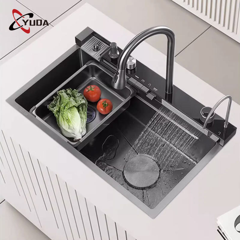 Multi Functional Waterfall Kitchen Sink Nano Black Knife Holder Handmade Kitchen Sink with Cup Washer
