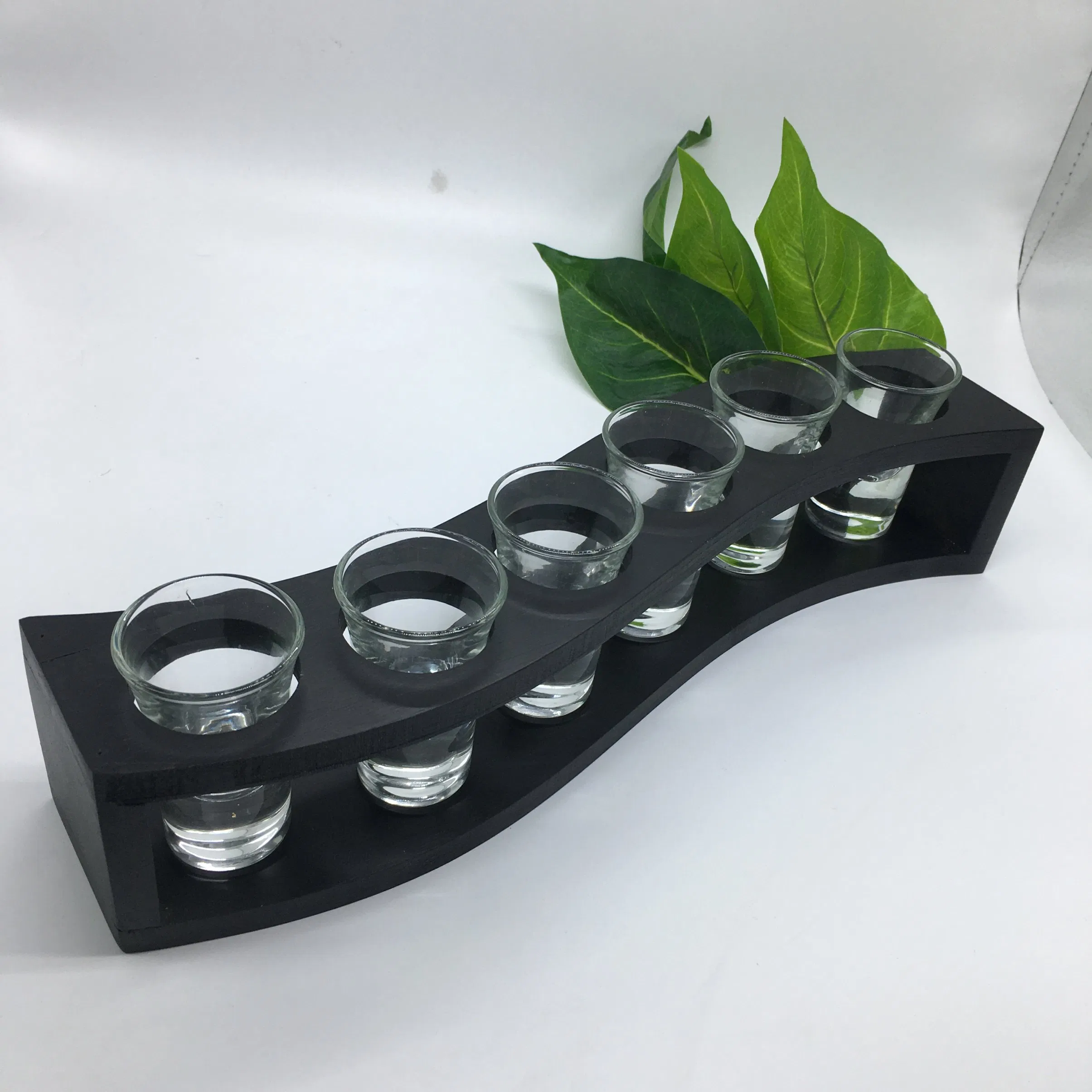 6 Black Color Shot Glass Bamboo Holder Tray