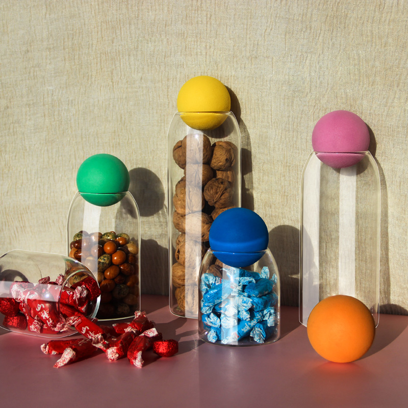 High Borosilicate Glass Food Storage Jar with Colorful Balls Lids