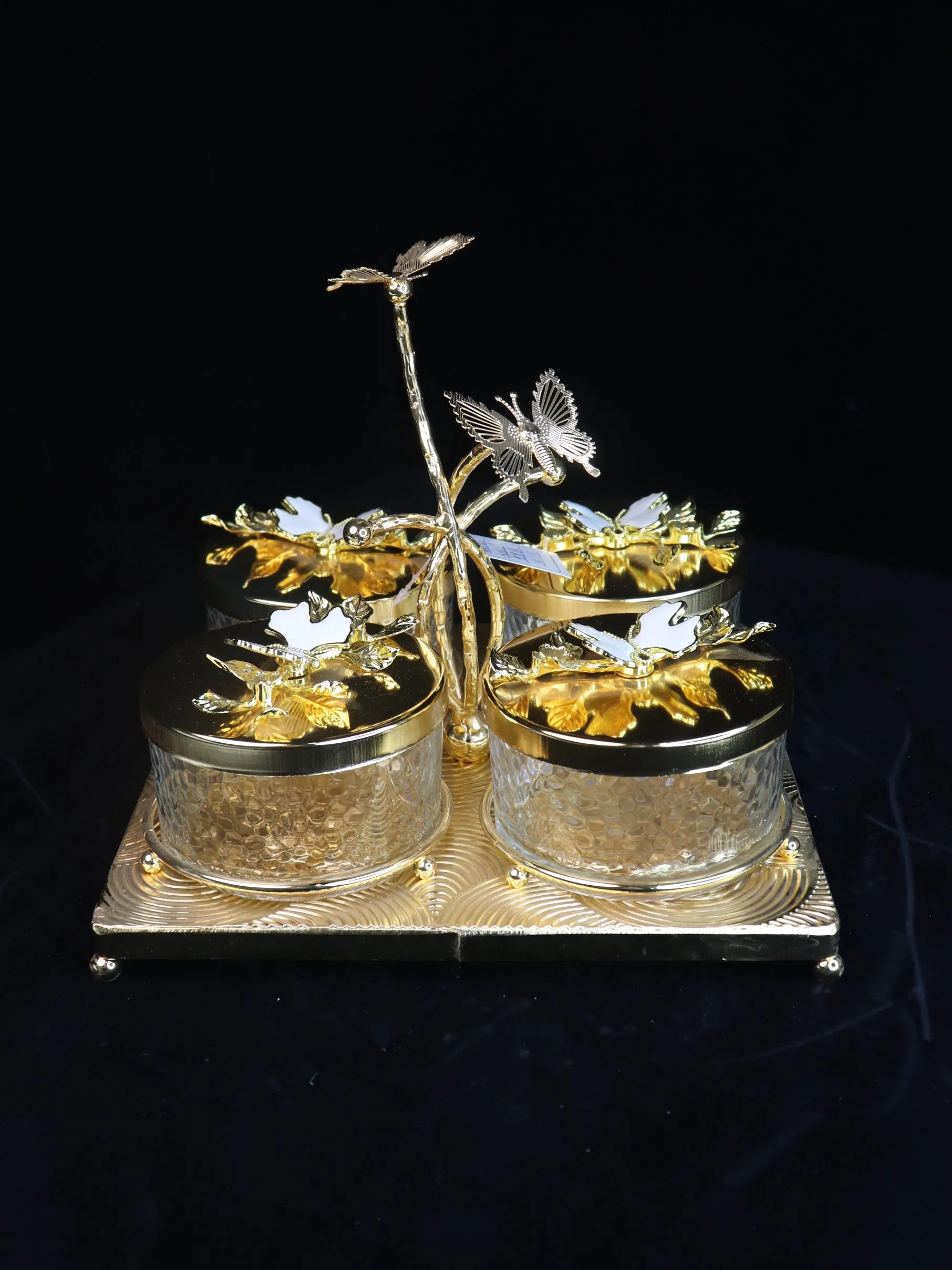 Elegant Butterfly Pattern Fruit Bowl Set with Gold-Plated Iron Stands