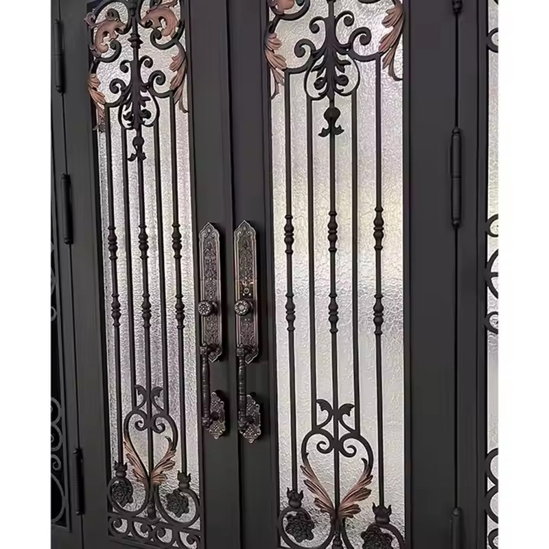 Golden Color Glass Steel Door with Pillar Residential Customized Design Steel Glass Transom Wrought Iron Doors
